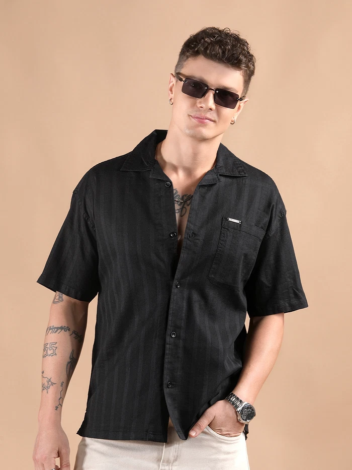 Black Half Sleeve Cuban Collar Shirt