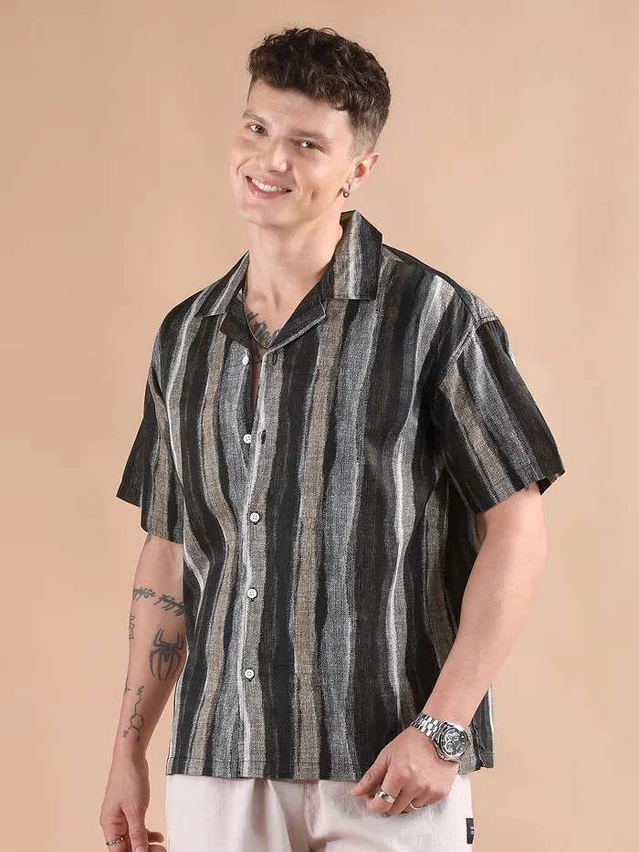 Brown and Black Printed Cuban Shirt