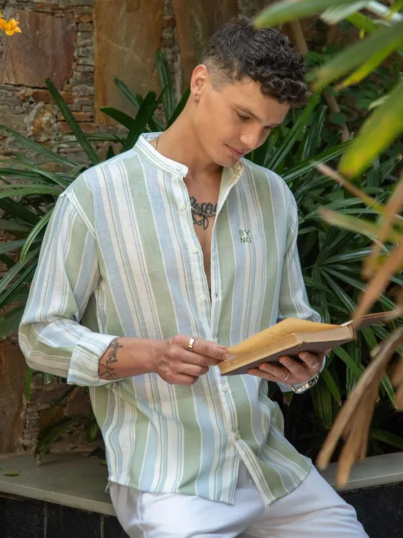 Green And Blue Stripe Mandarin Collar Shirt