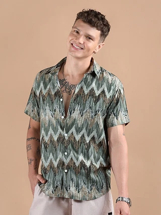 Green Chevron Half Sleeve Viscose Shirt