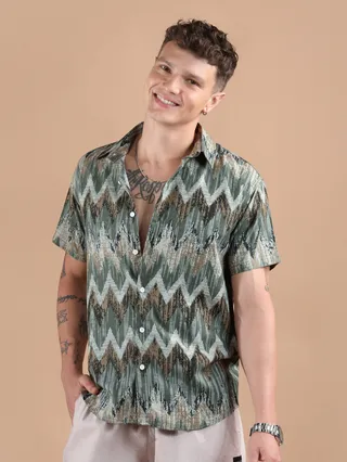 Green Chevron Half Sleeve Viscose Shirt