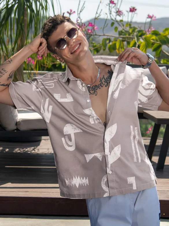 Light Mauve Printed Half Sleeve Cotton Shirt For Men