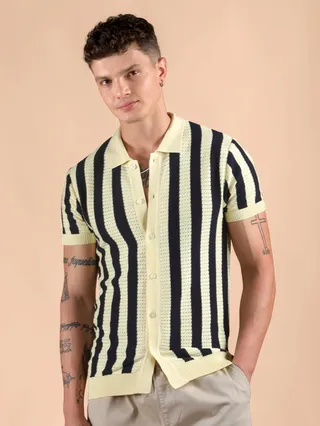 Navy Blue Striped Flat Knit Shirt