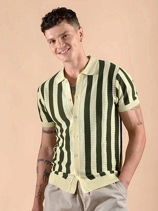 Olive Green Striped Flat Knit Shirt