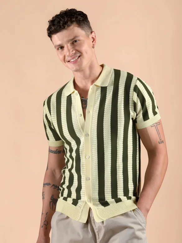 Olive Green Striped Flat Knit Shirt