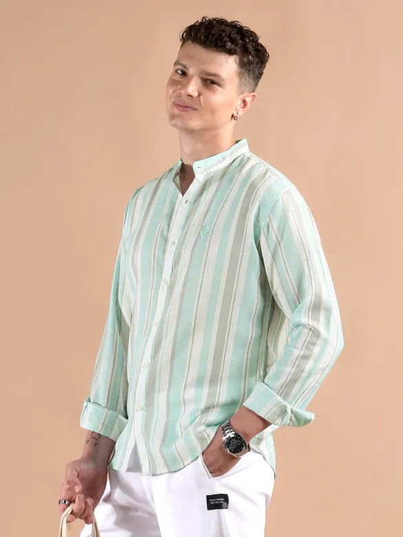 Soft Aqua Stripe Mandarin Collar Shirt