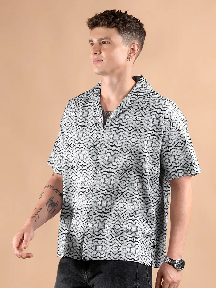 White and Black Printed Cuban Shirt