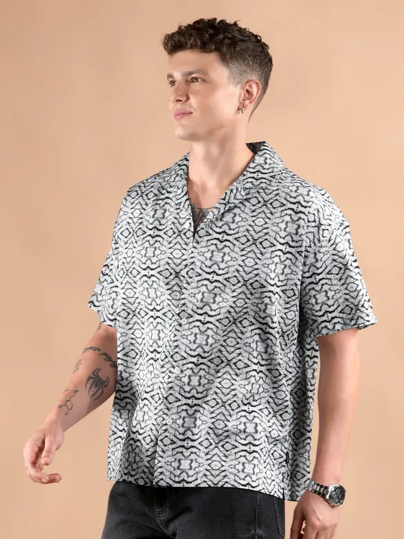 White and Black Printed Cuban Shirt