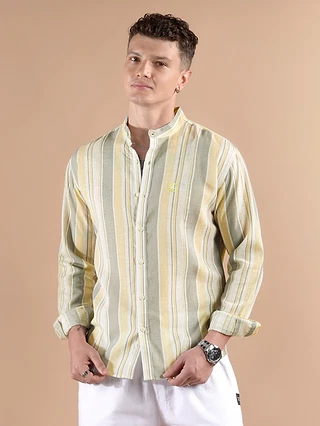 Yellow And Grey Stripe Mandarin Collar Shirt