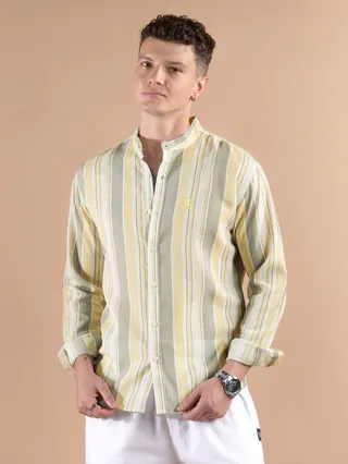 Yellow And Grey Stripe Mandarin Collar Shirt