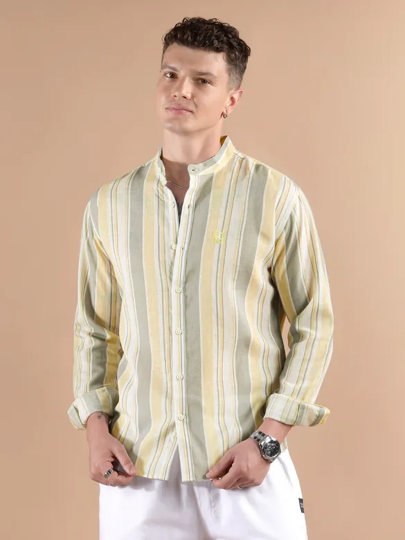 Yellow And Grey Stripe Mandarin Collar Shirt