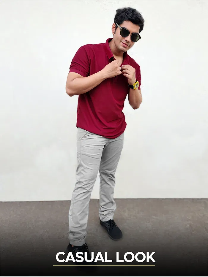 French Wine and Ice Blue Polo T-shirt with Space Grey Chinos: Pack of 3