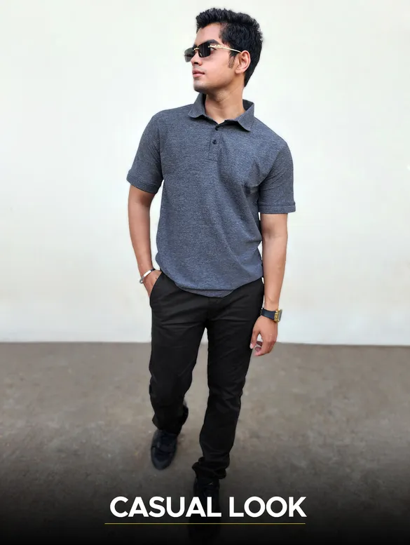 Melange Grey and Melange Blue Polo T-shirt with Black Chinos: Pack of 3