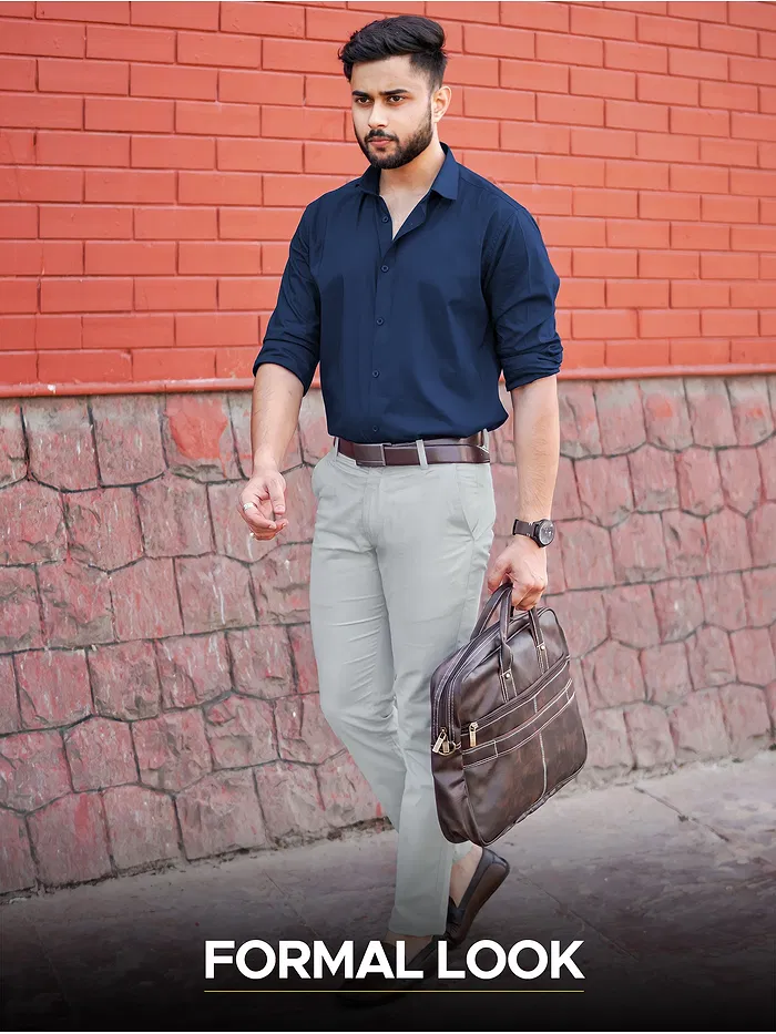 Navy Blue Shirt with Silvery White Chinos: Pack of 2