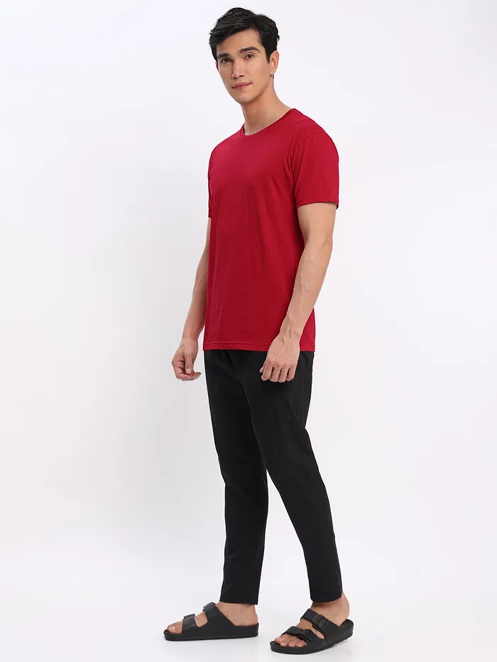 Teal Blue and Red Plain T-shirt with Black Pyjama: Pack of 3