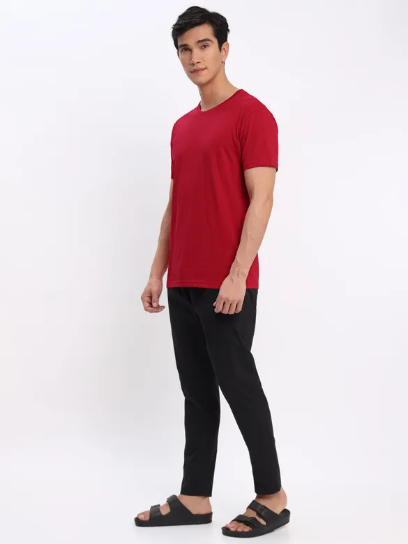 Teal Blue and Red Plain T-shirt with Black Pyjama: Pack of 3