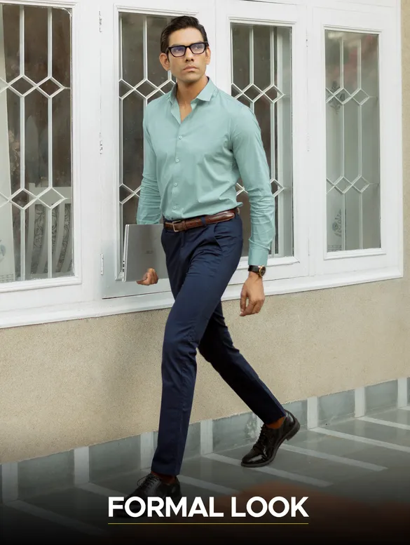 White and Pista Green Shirt with Midnight Blue Chinos: Pack of 3