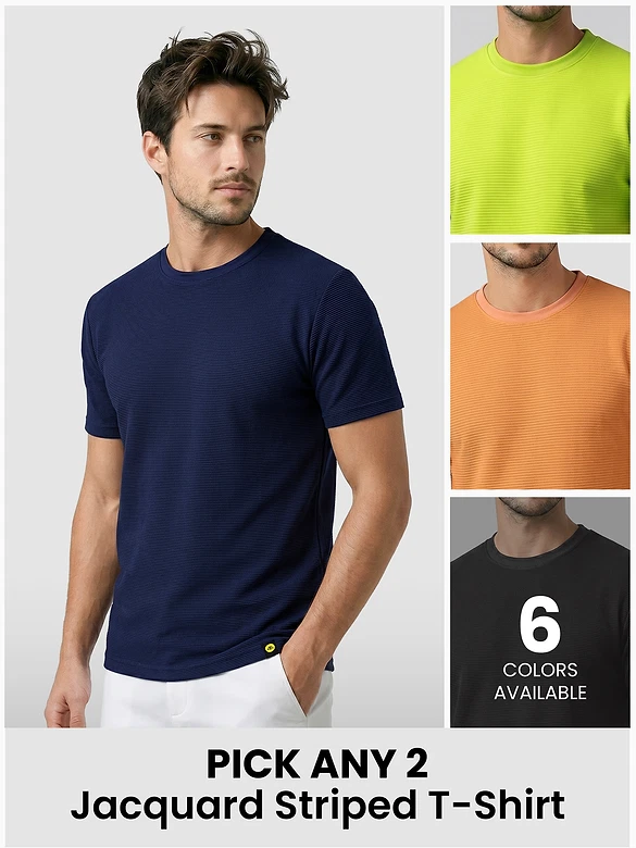 Mens Jacquard Striped T-Shirt - with fit available as regular-fit in different colors with text "Pick any 2" and "6 colors available" 