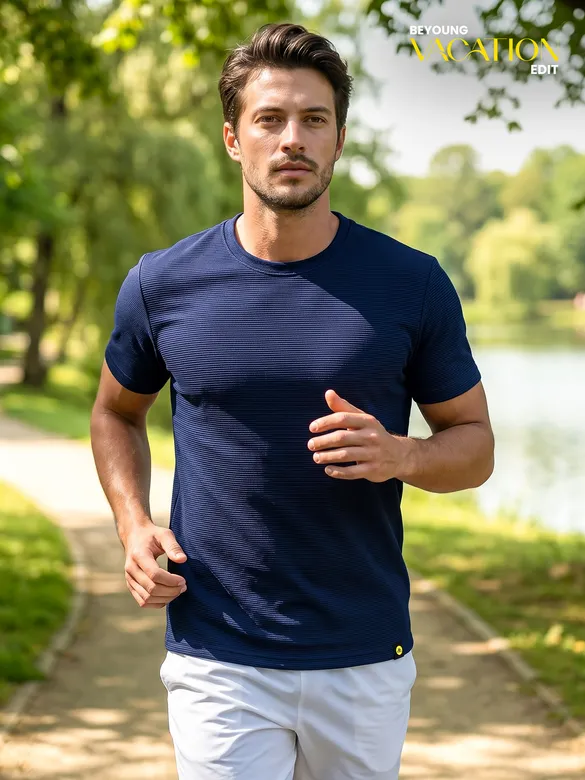 Midnight Navy Blue Jacquard Striped T-Shirt