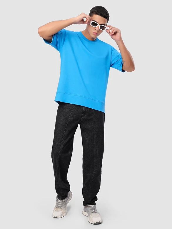 Aqua Blue Cut And Sew Panel Oversized T-Shirt