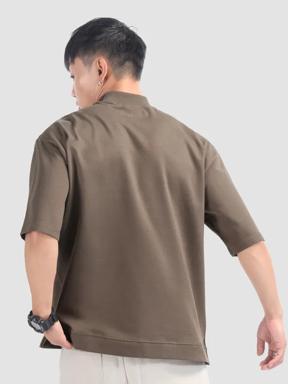 Brown Mock Neck Oversized T-Shirt