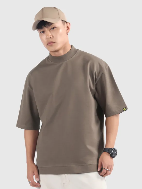 Brown Mock Neck Oversized T-Shirt