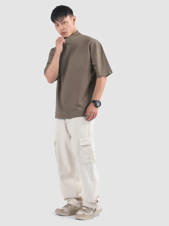 Brown Mock Neck Oversized T-Shirt