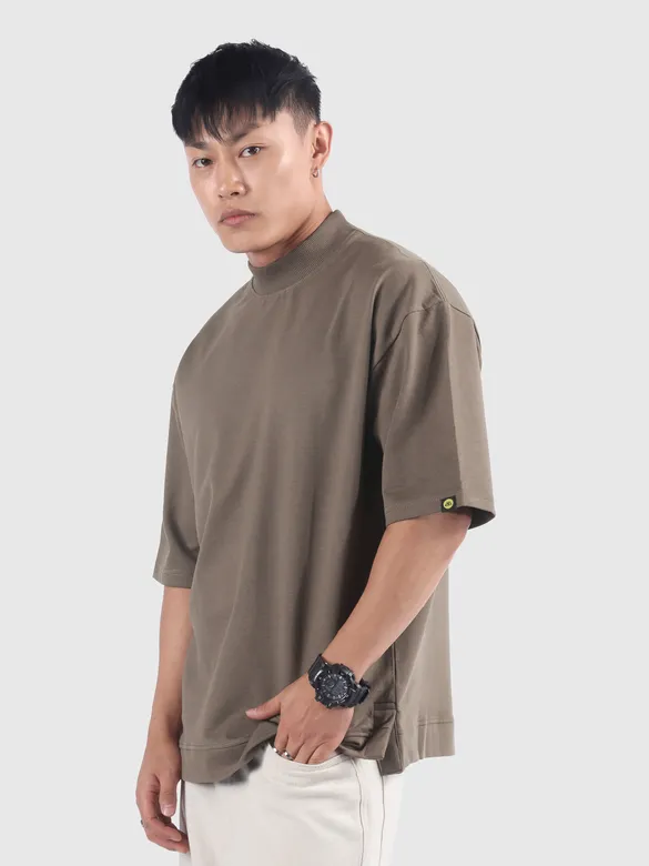 Brown Mock Neck Oversized T-Shirt