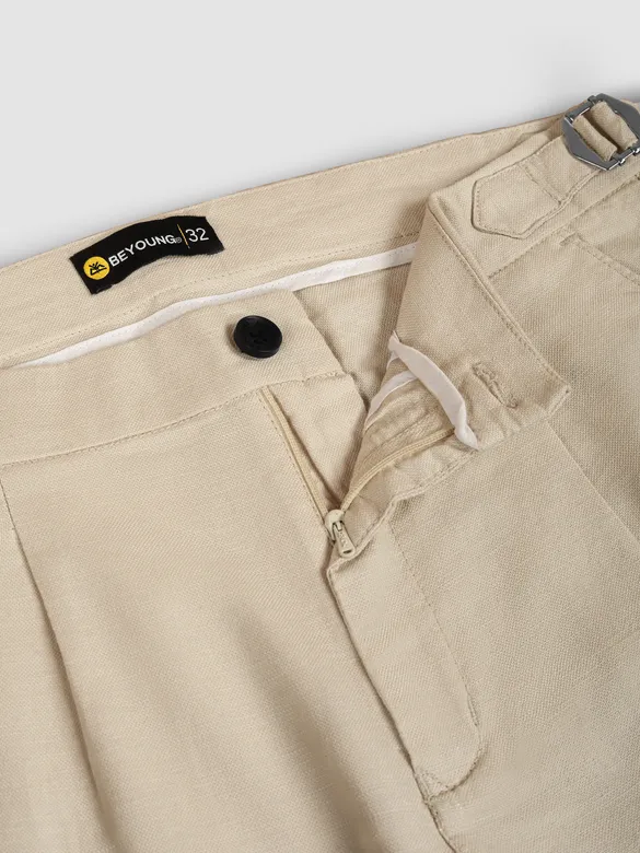 Beige Side-Adjuster Cotton Slub Trousers