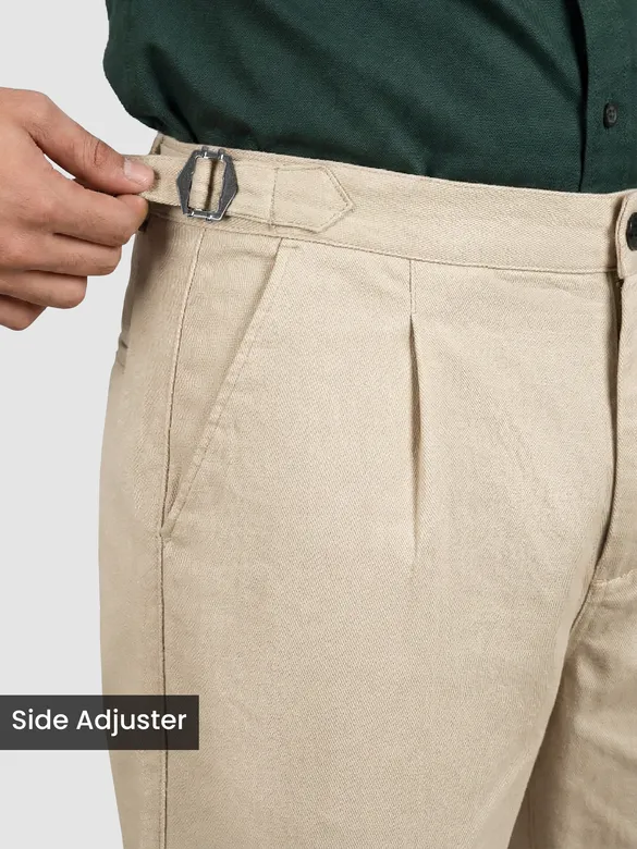 Beige Side-Adjuster Cotton Slub Trousers