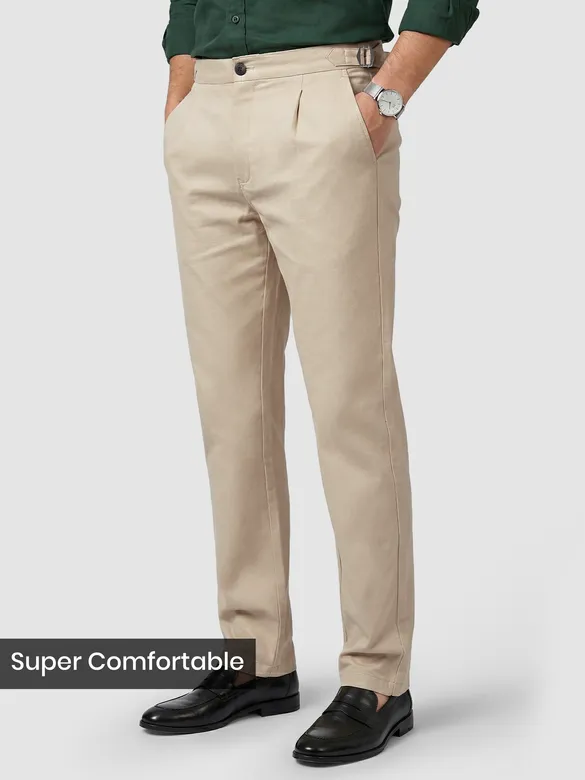 Beige Side-Adjuster Cotton Slub Trousers