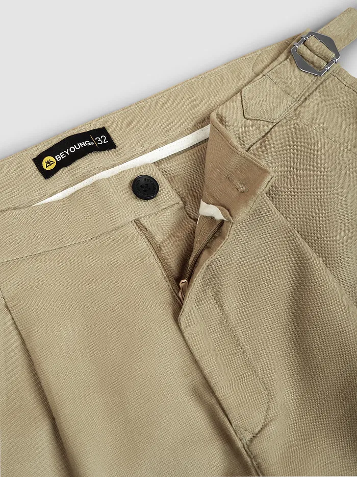 Khaki Side-Adjuster Cotton Slub Trousers