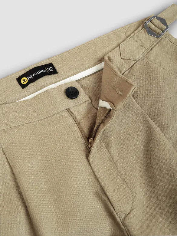 Khaki Side-Adjuster Cotton Slub Trousers
