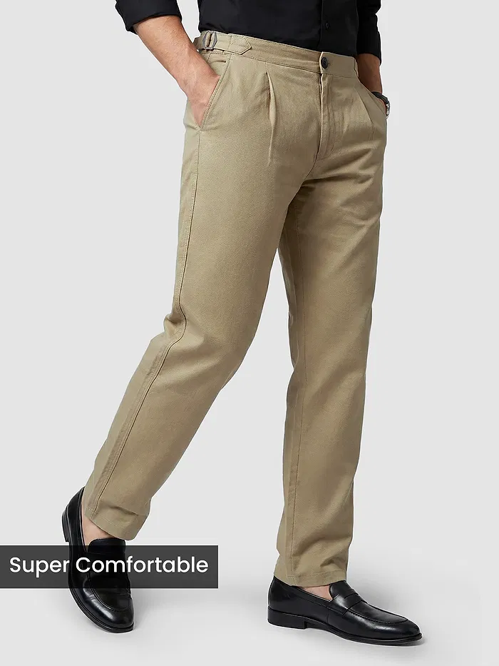 Khaki Side-Adjuster Cotton Slub Trousers