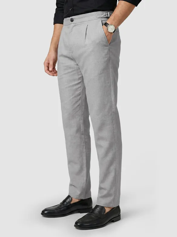 Light Grey Side-Adjuster Cotton Slub Trousers