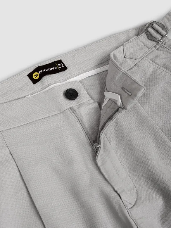 Light Grey Side-Adjuster Cotton Slub Trousers