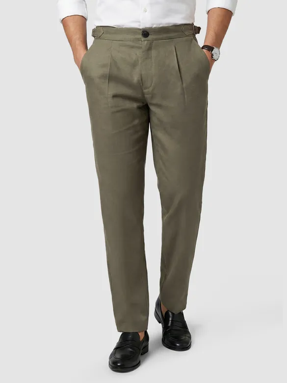 Olive Green Side-Adjuster Cotton Slub Trousers
