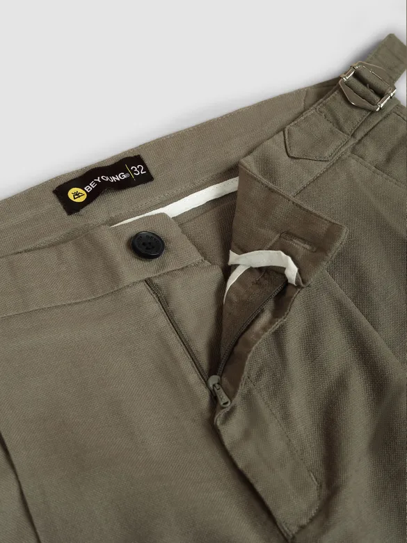 Olive Green Side-Adjuster Cotton Slub Trousers