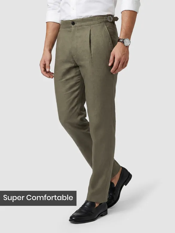 Olive Green Side-Adjuster Cotton Slub Trousers