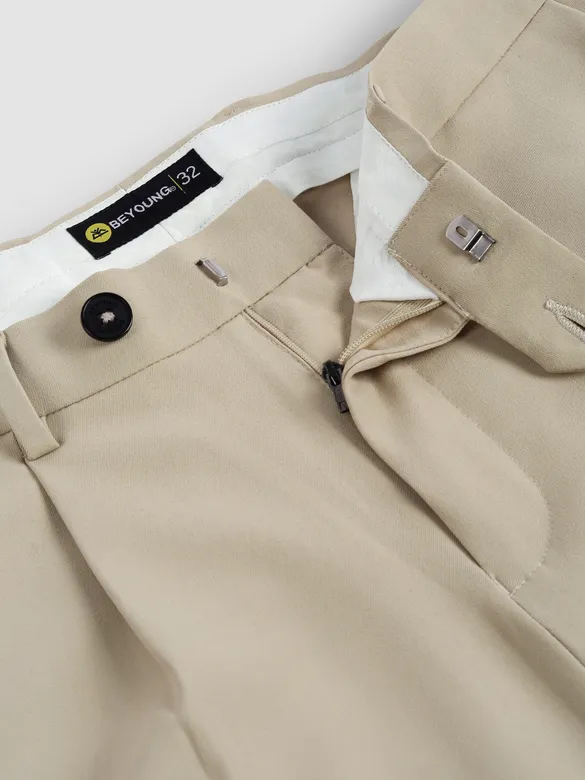 Beige Solid Korean Pants