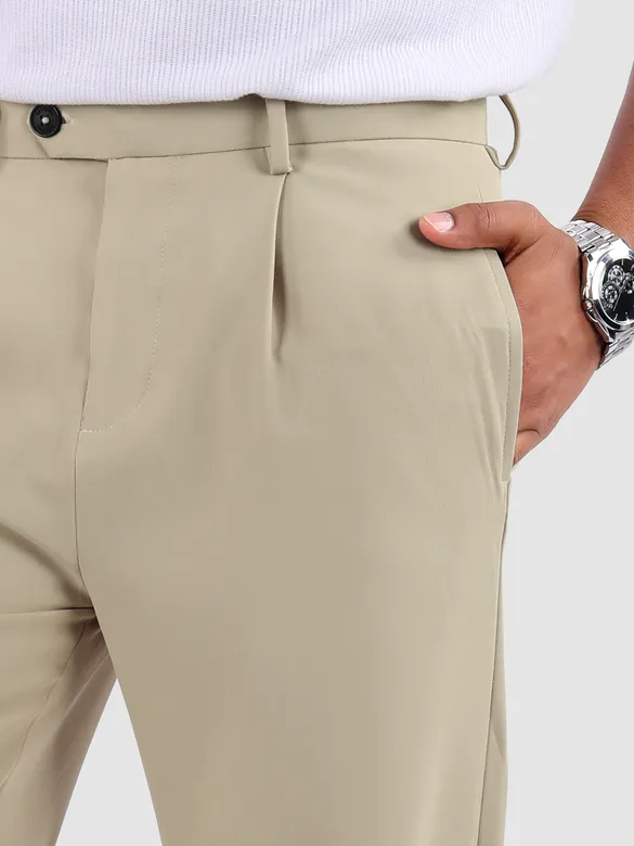 Beige Solid Korean Pants