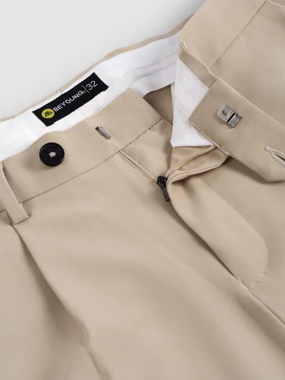 Beige Relaxed Fit Stretch Korean Pants