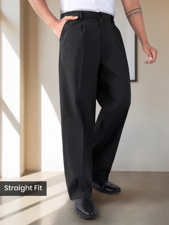 Black Cotton Slub Pleated Trousers