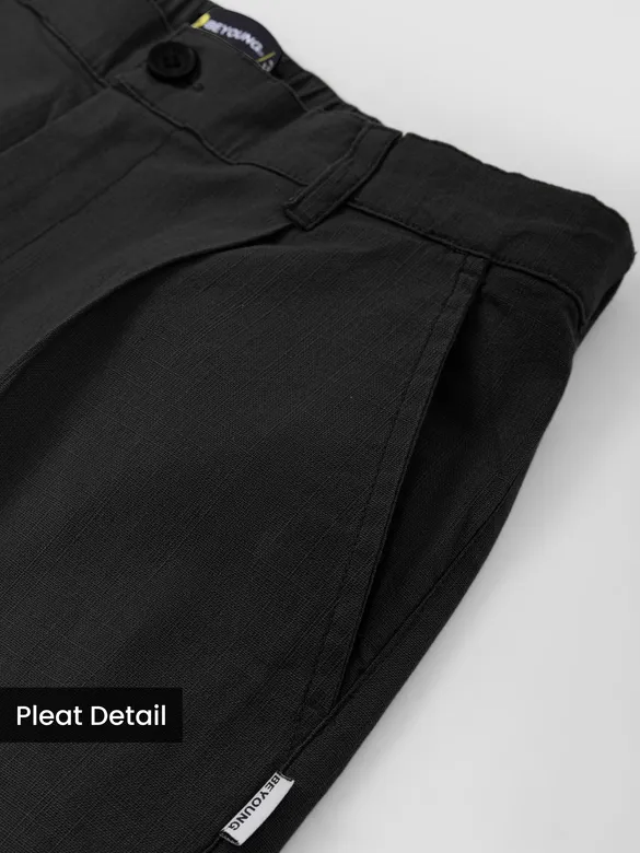 Black Cotton Slub Pleated Trousers