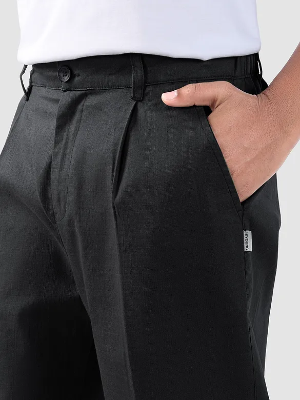 Black Cotton Slub Pleated Trousers