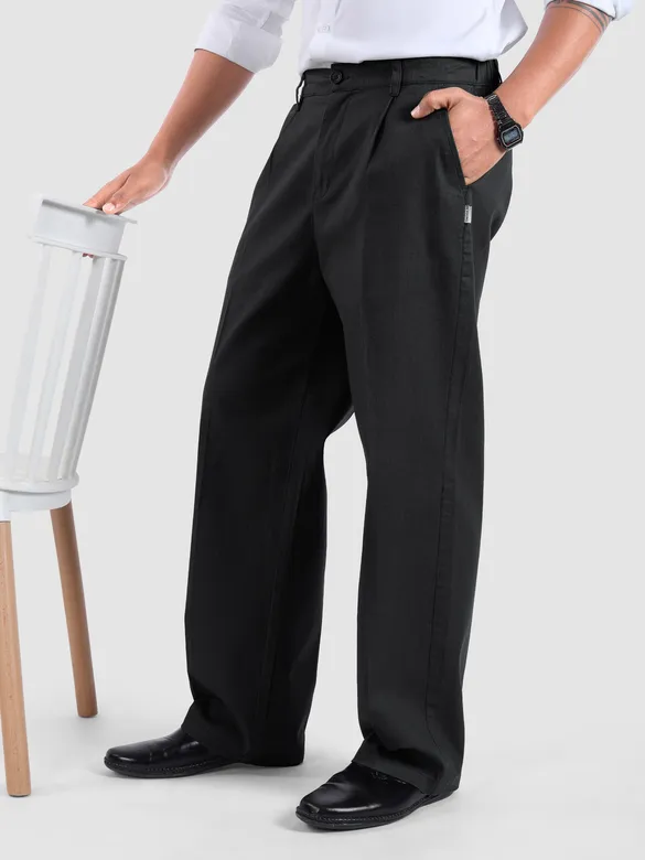 Black Cotton Slub Pleated Trousers