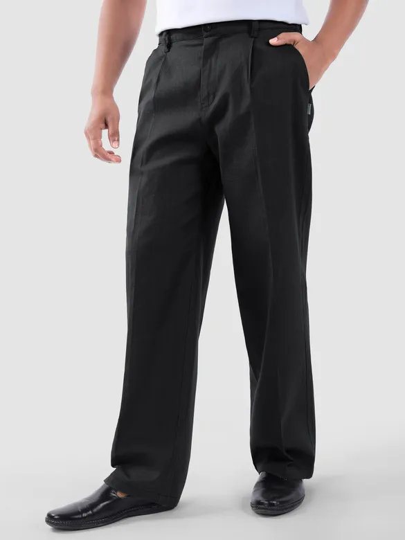 Black Cotton Slub Pleated Trousers