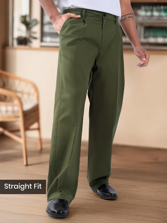 Cedar Green Cotton Slub Pleated Trousers