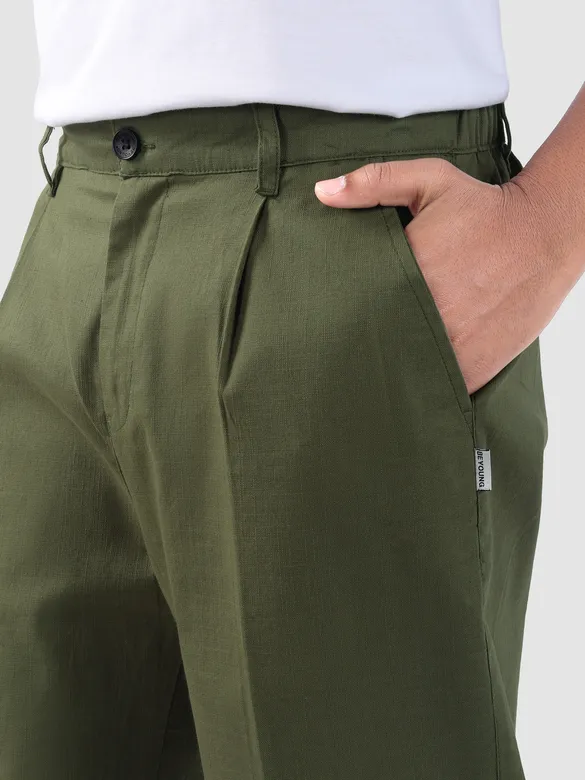 Cedar Green Cotton Slub Pleated Trousers