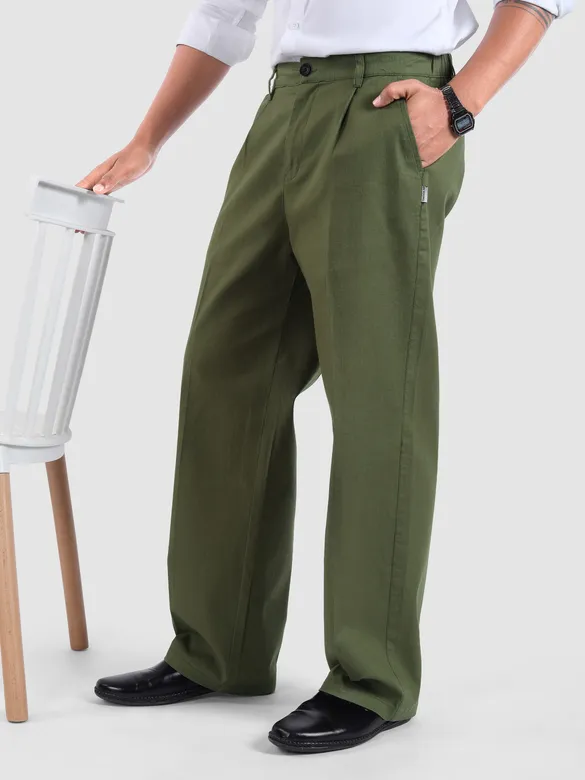 Cedar Green Cotton Slub Pleated Trousers